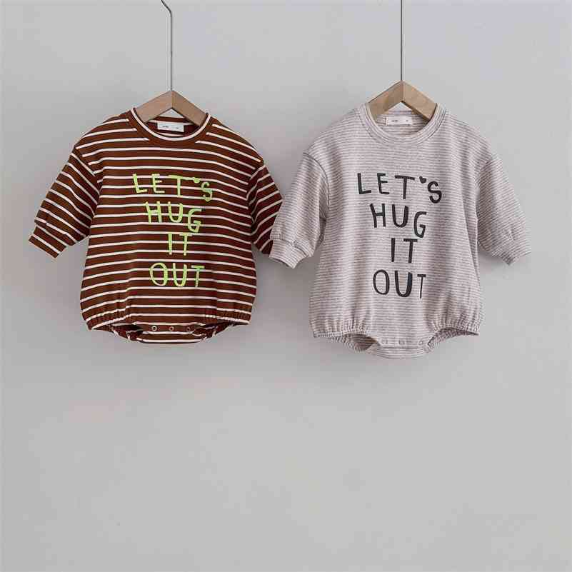 

Baby boys girls pure cotton letters printing long sleeve jumpsuits Infant kids striped coveralls 210708, Beige