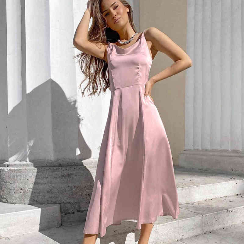 

Paris Girl Sexy Spaghetti Strap Satin Dress Women Summer Backless Elegant Bodycon Slim Long A-Line Dresses 210524, Black