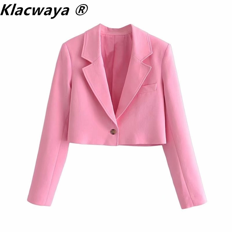 

Klacwaya Women Vintage Notched Collar Solid Color Short Slim Blazer Coat Female One Button Outerwear Chic Crop Tops 211019, Pink