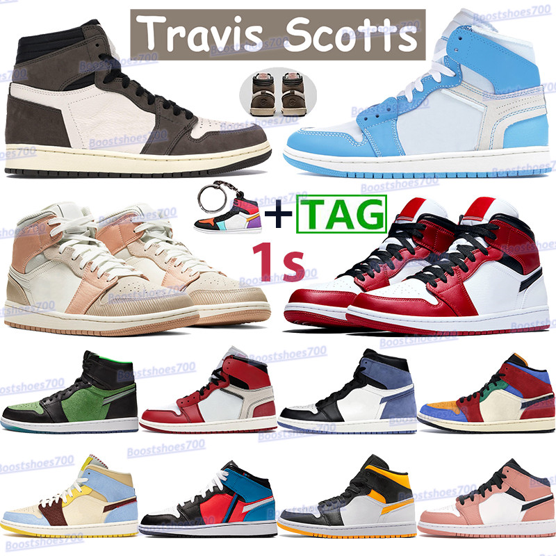 

High travis scotts basketball shoes 1 1s men women sneakers chicago mid milan pink quartz white gym red black royal blue moon trainers, Box