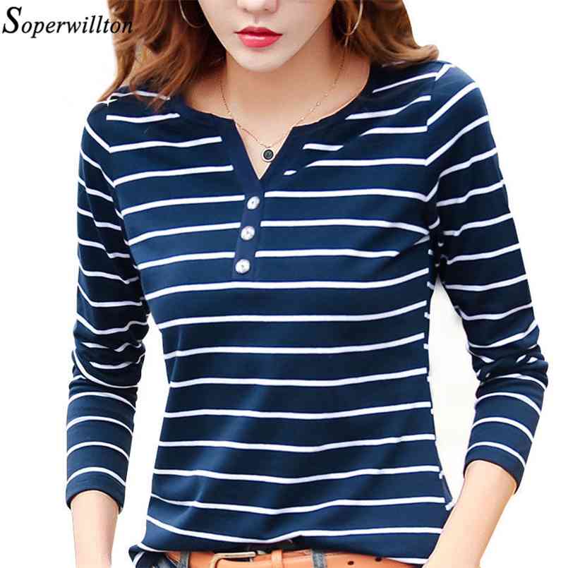 

Women T-Shirt Cotton Short Long Sleeve Lady T Shirt Striped Summer Spring Autumn Female Blusa White Trendy Fashion Top Tee T0 210708, Coffee