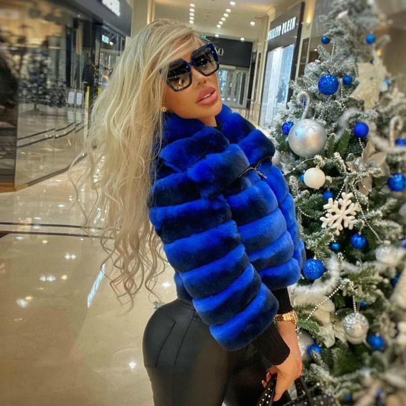 

Women's Fur & Faux Fashion Short Rex Jacket With Big Lapel Collar Winter Royal Blue Genuine Coats Female Outwear 2021, Black