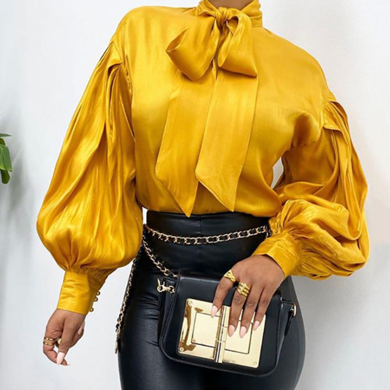 

Women' Blouses & Shirts 2021 Autumn Long Sleeve Tops And Female Trendy Yellow White Bow Tie Elegant Office Lady Work Wear Tunic Shirt Women