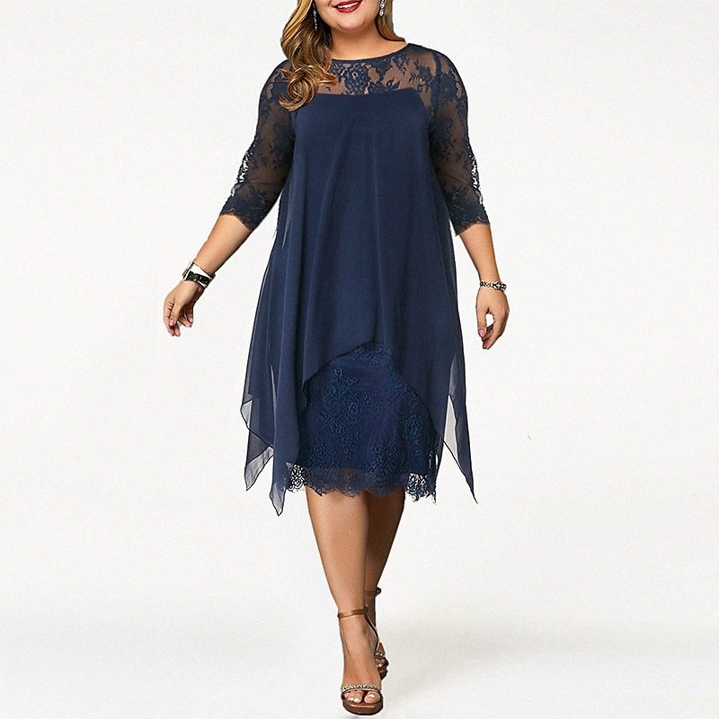 

women's Plus Size A Line Dress Round Neck Lace 3/4 Length Sleeve Fall Spring Work Casual Vintage Prom Dress Knee Length Dress Party Vacation J8F2#, Blue