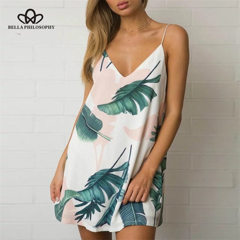 

summer sexy green leaves print women cami dress backless beach Short chiffon vestidos de festa 210519, Navy blue