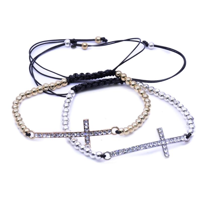 Link, Chain Hand-woven Drawstring Chinese Knot Metal Beads Dot Drill Cross Bracelet-image-711803848