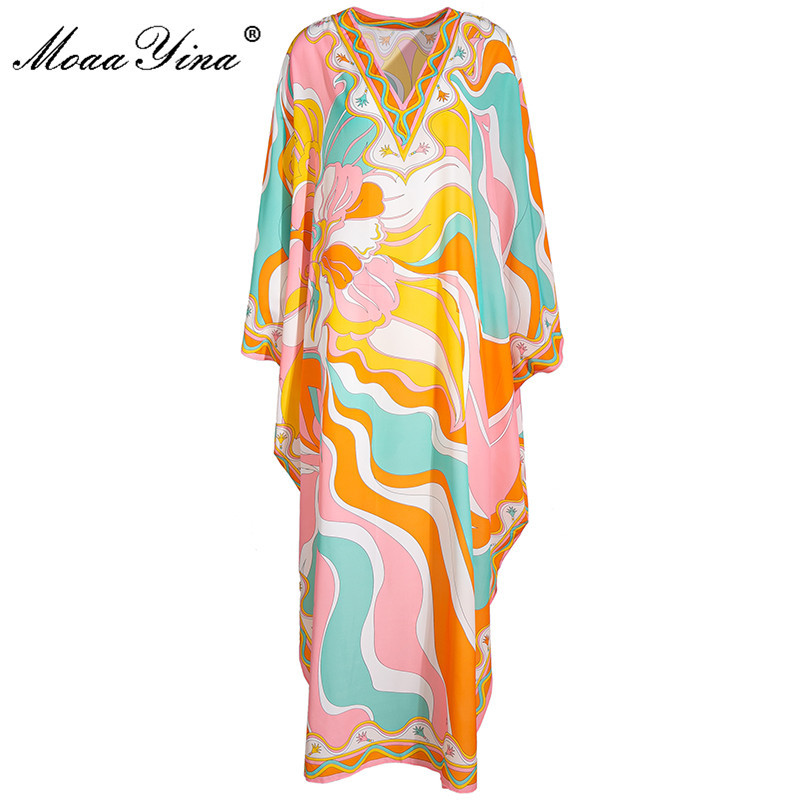 

Fashion Designer dress Autumn Women's Dress V Neck Batwing Sleeve Geometry Print Plus Size Loose Maxi Dresses 210524, Multi