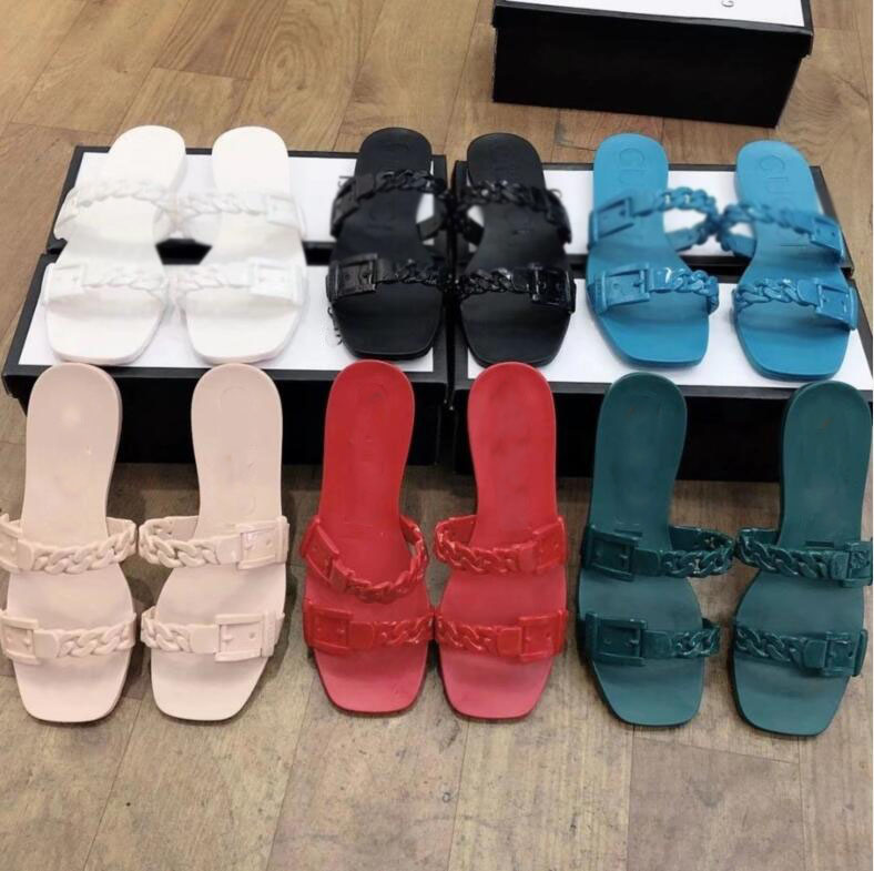 

2021 jelly shoes plastic slippers ladies square toe PVC flat slippers latest style designer chain slippers, Black