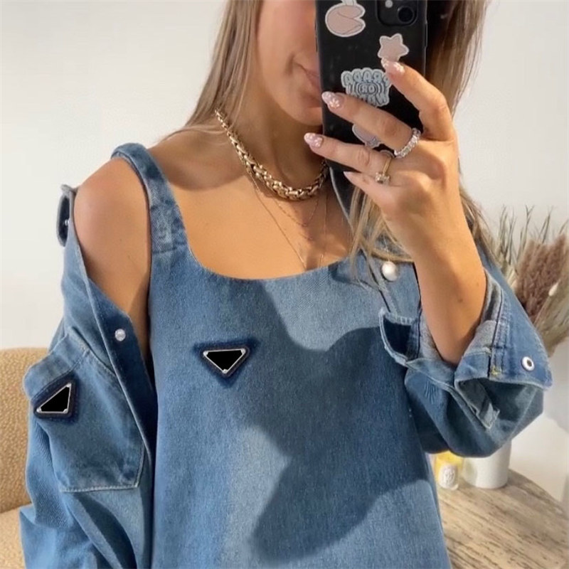 

Designer Womens Denim Jacket Dresses Two Piece Triangle Badge Casual Dress Charm Ladies Skirts For Party Nightclub, Blue