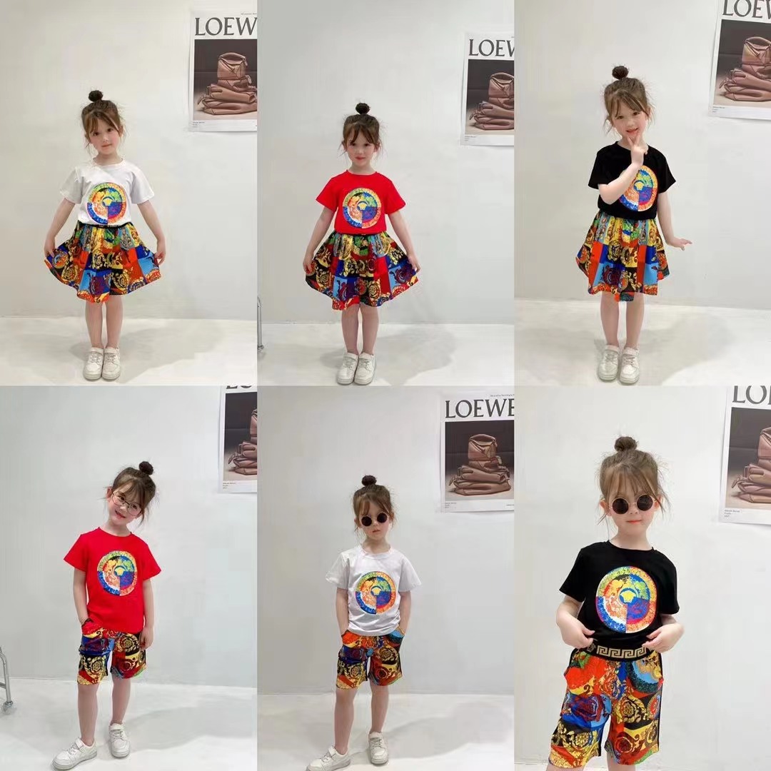 

2022 Summer Kids clothing sets girls totem letter printed short sleeve T-shirt+causal shorts skirts 2pcs fashion children designer outfits A8114, 8076 red skirt