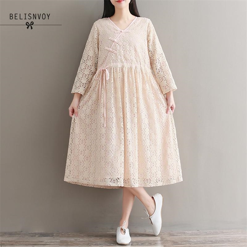 

Mori Women's Dresses Small Fresh Loose Large Size Mid Calf Long Collar Buttoned Sleeve Lace Cheongsam Dress 210520, Photo color