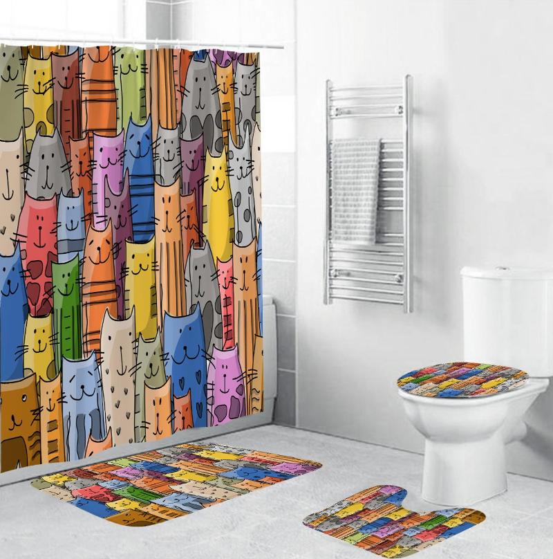 

Shower Curtains Waterproof Colorful Cat Print Curtain Bathroom Set Carpet Cover Toilet Bath Mat Pad 4 Piece Durable Fabric