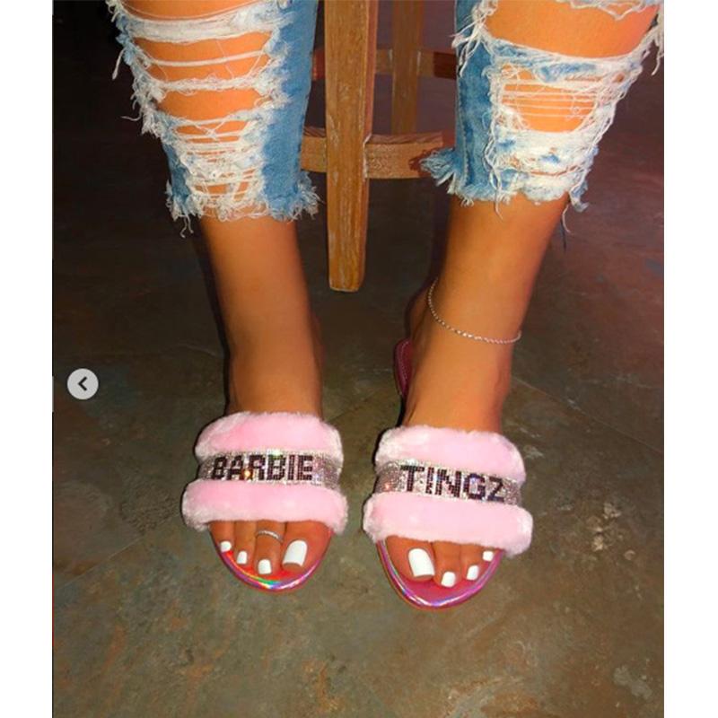 

Slippers 2021 Fashion Women Furry Fur Slides Home Color Flip Flops Fluffy Plush House Shoes Female Winter Warm, Black
