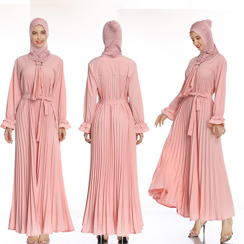 

Casual Dresses Muslim Ruffles Dress Dubai Abaya Turkish Pakistan Kaftan Hijab Djelaba Islamic Clothing (not Include Hijab), Pink
