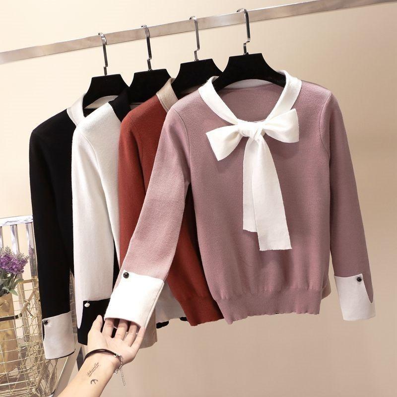 

Women's Sweaters 2021 Autumn Winter Sweater Knitted Pullover Long Sleeve Bow Tie Knitwear Fashion Slim Casual Women Jumper Pull Femme P536, Pink