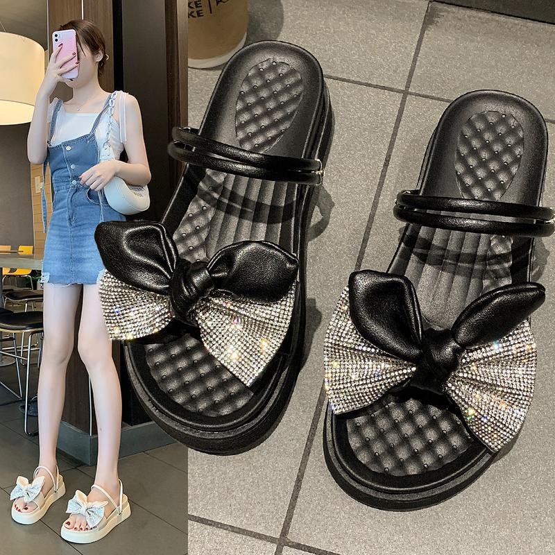 

Slippers Summer Soft Bottom Fairy Wind Bowknot Rhinestone Thick Beach Outdoor Fashion All-match Sandals And, Beige