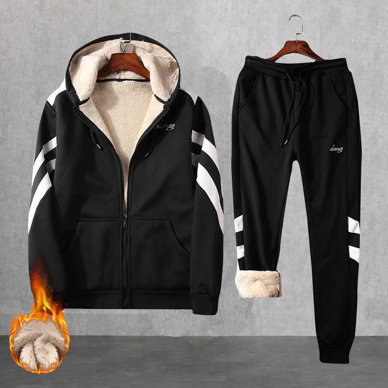 

Letter Print Men Tracksuit Winter Thick Casual Zipper Sportswear Mens Hooded Sets Jackets+pants Fleece stripe Sports Suit male 210603, Cjw154 black