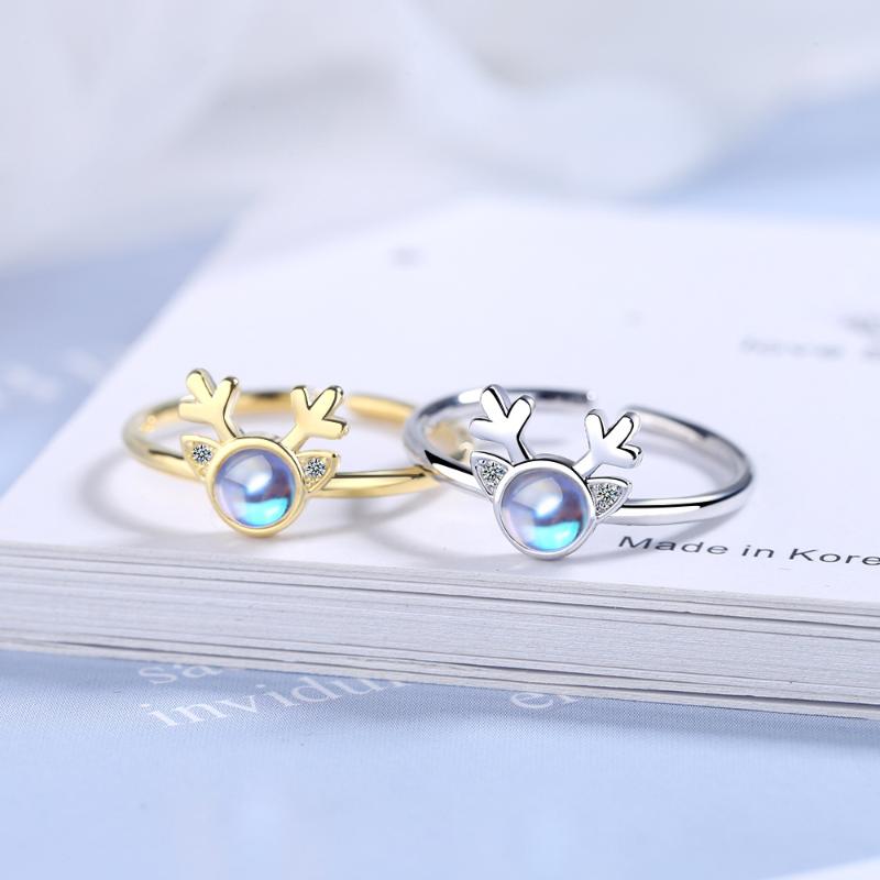 

Cluster Rings 925 Sterling Silver Moonstone Elk Antlers For Women Wedding Birthday Gift Finger Ring Creative Fine Jewelry Jz134, Golden;silver