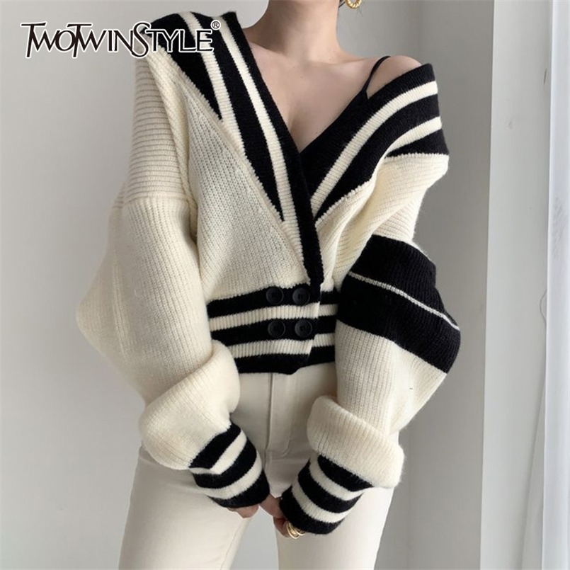 

Casual Patchwork Knitted Cardigans For Women V Neck Long Sleeve Hit Color Korean Jackets Female Fashion Clothes 210524, Beige