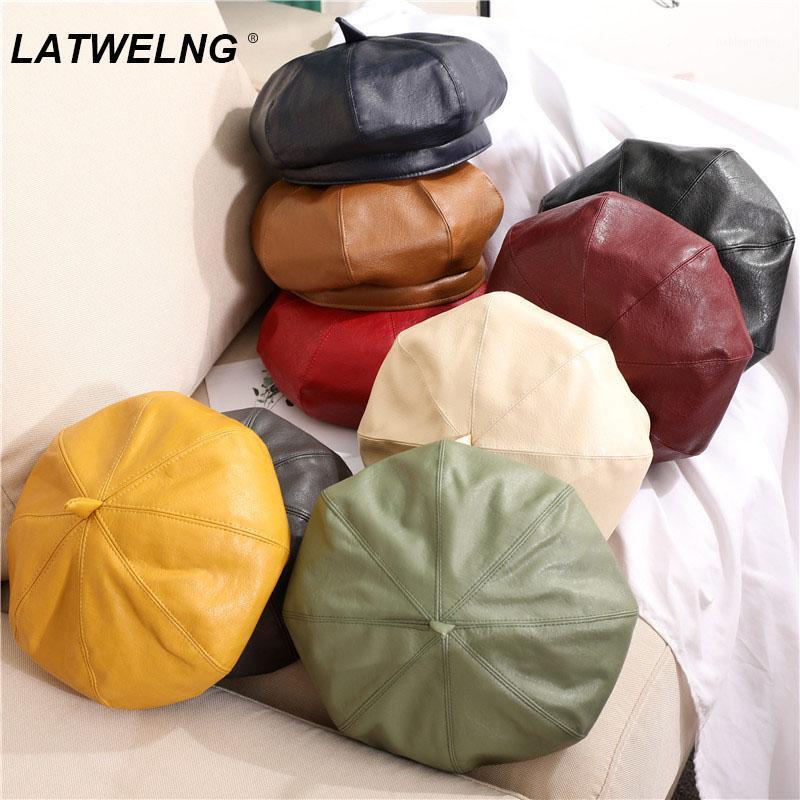 

Wholesale 9 Colors Fashion Leather Berets Female Dress Up French Caps Yellow Flat Hats Autumn Winter Painter Hat Drop