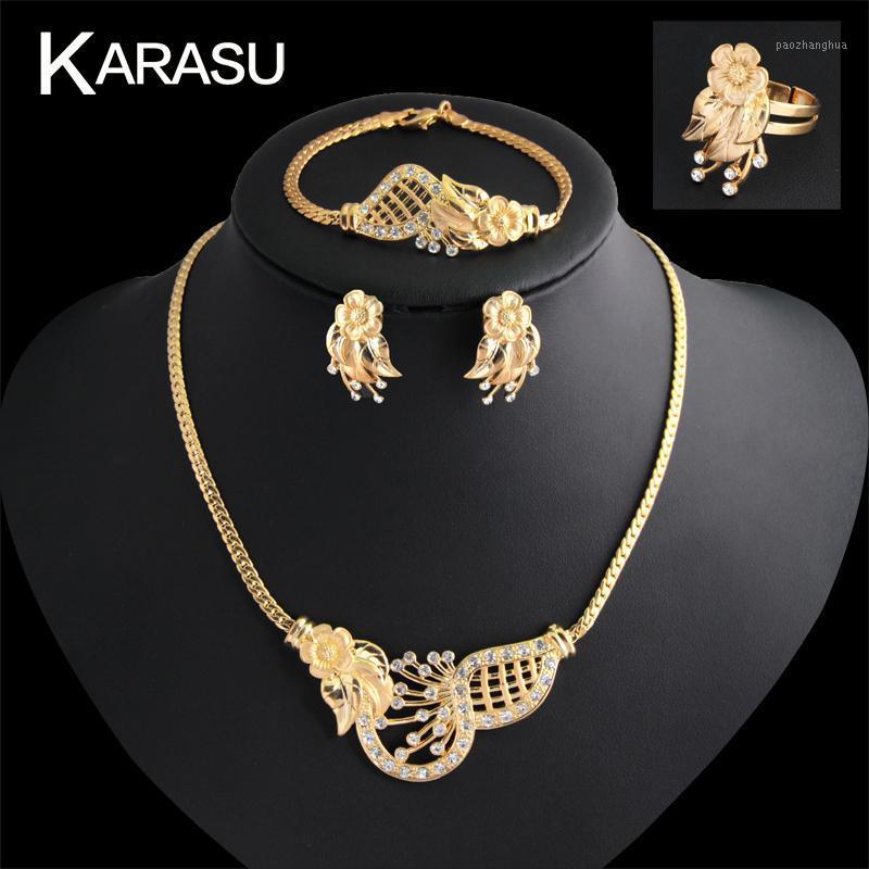 

Earrings & Necklace Vintage Pretty Rhinestone Flower Earring Bracelet Ring Set For Women 4-Piece Jewelry, Silver