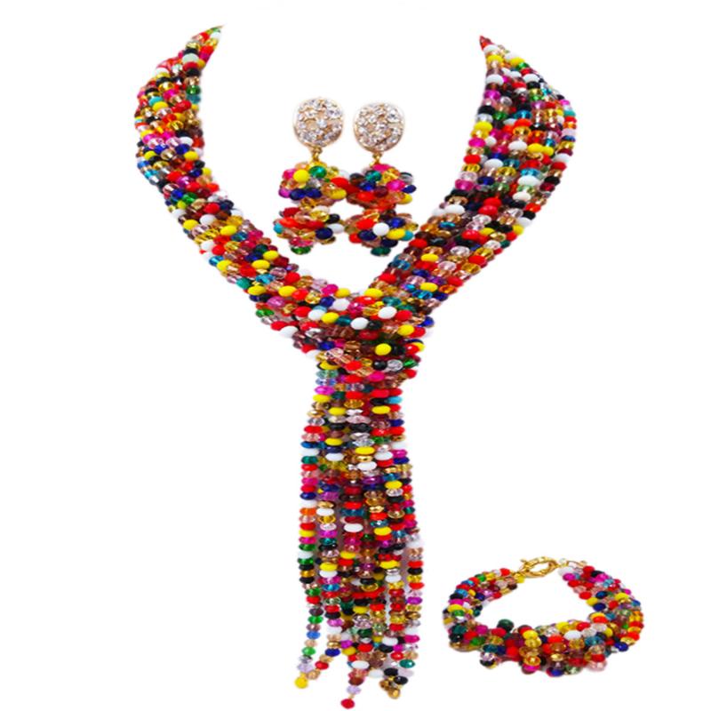 

Earrings & Necklace Fashion Multicolors African Beads Jewelry Set Crystal Beaded Nigerian Wedding Bridal Party Bracelet 10WJK03, As pic