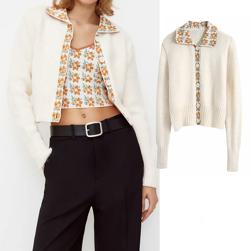 

Women's Two Piece Pants ZA Women Autumn fashion Splicing Jacquard Knitted sweater Girl Single breasted Casual Loose Knit Cardigans, Beige