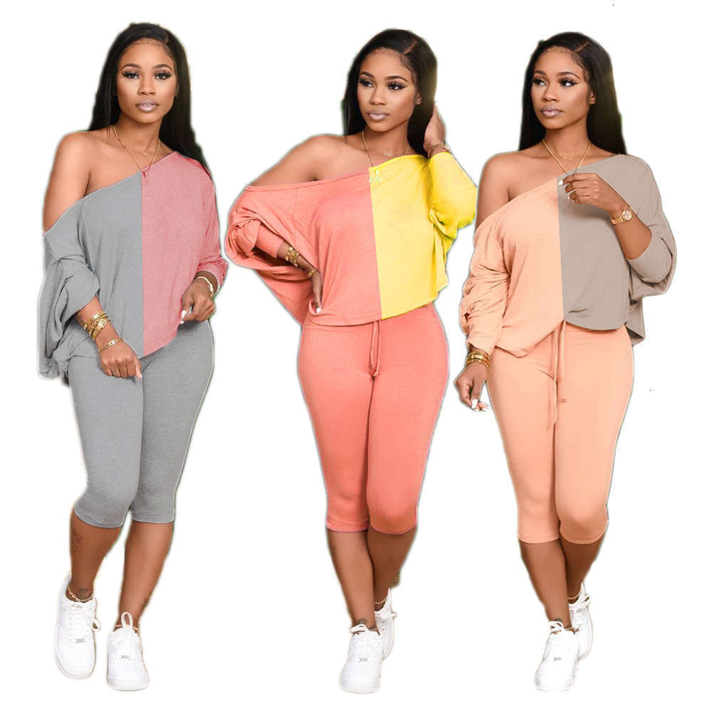 

Girl Patchwork Sets Sexy 3 Colors 2 Piece Set Slash Neck Loose Tees Mid-calf Pants Set Young Women Tracksuits Casual, Yellow