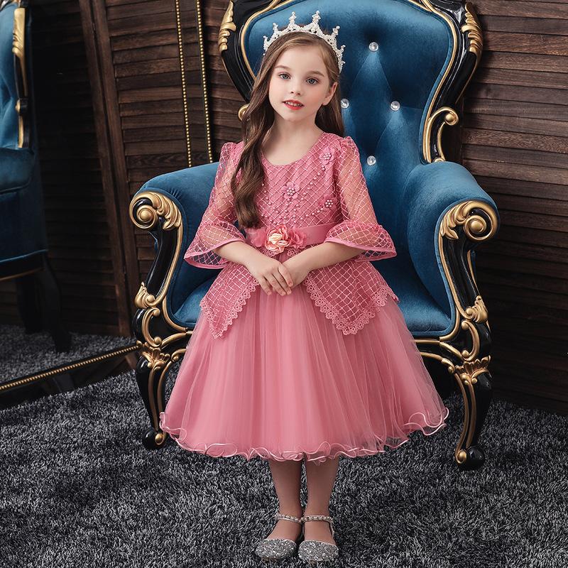 

Girl's Dresses Flower Girls Dress Illusion Appliques Embroidery Tulle Lace Three Quarter O-Neck Knee-Length Pearls Kid Party Princess Gown F, Blue