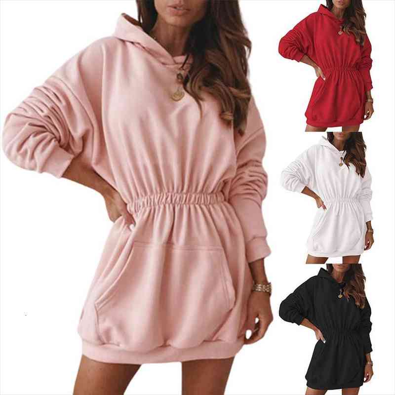 

spring autumn women casual winter solid color pullover dress long sleeve hoodie warm hoodies female, Black