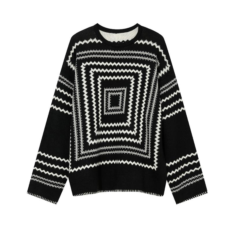 

Men's Sweaters Menswear 2021 Autumn Winter Korean Loose Pullover Sweater Geometric Pattern Round Neck Kinttwear Tops 9Y9055, White;black