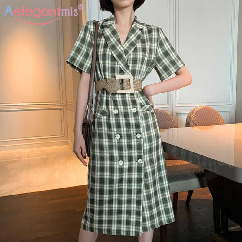

Aelegantmis Women High Waist Slim Plaid Dress with Belt Vintage Office Blazer Ladies Notched Short Sleeve Long Vestidos 210607, Green