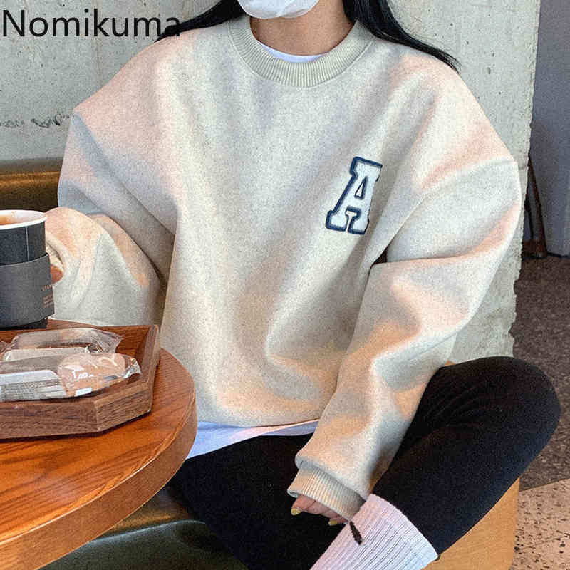 Nomikuma Causal Letter Fleece Thicken Pullover Sweatshirt Korean Autumn Winter Women Hoodies Long Sleeve New Top Jumpers 6D611 210427