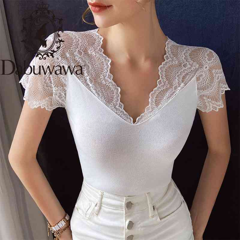 

Dabuwawa Exclusive Summer Sexy Lace V-Neck T Shirts Women Slim Fitted Short Sleeve Casual Solid Tees Tops Female DO1BTS041 210520, White