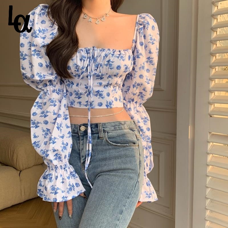 

Summer Floral Designe Chiffon Blouse Women Sexy Ruffled Puff Sleeve Chic Crop Short Tops Party Holiday 210519, Blue flowers