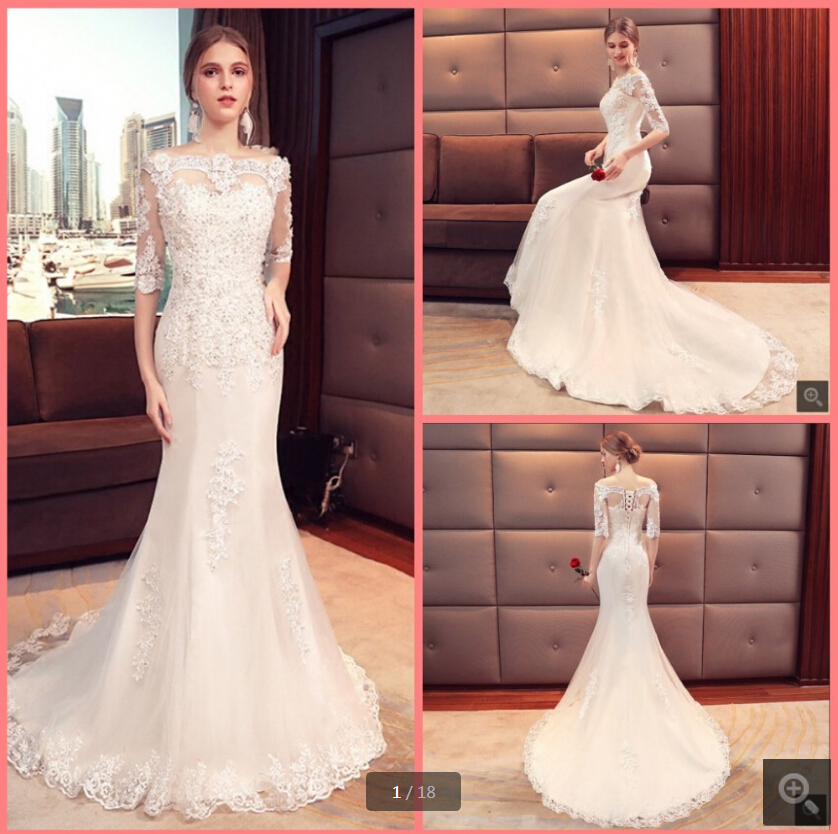 

Robe de Mariage fashion white mermaid wedding dresses off the shoulder half sleeve beaded sequins modest bridal gowns court train Dubai Arabic bride dress, Same as image