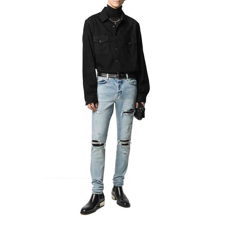 

Chaopai Gaojie 20fw MX1 amiry light blue patched perforated jeans men's women's autumn and winter SLP