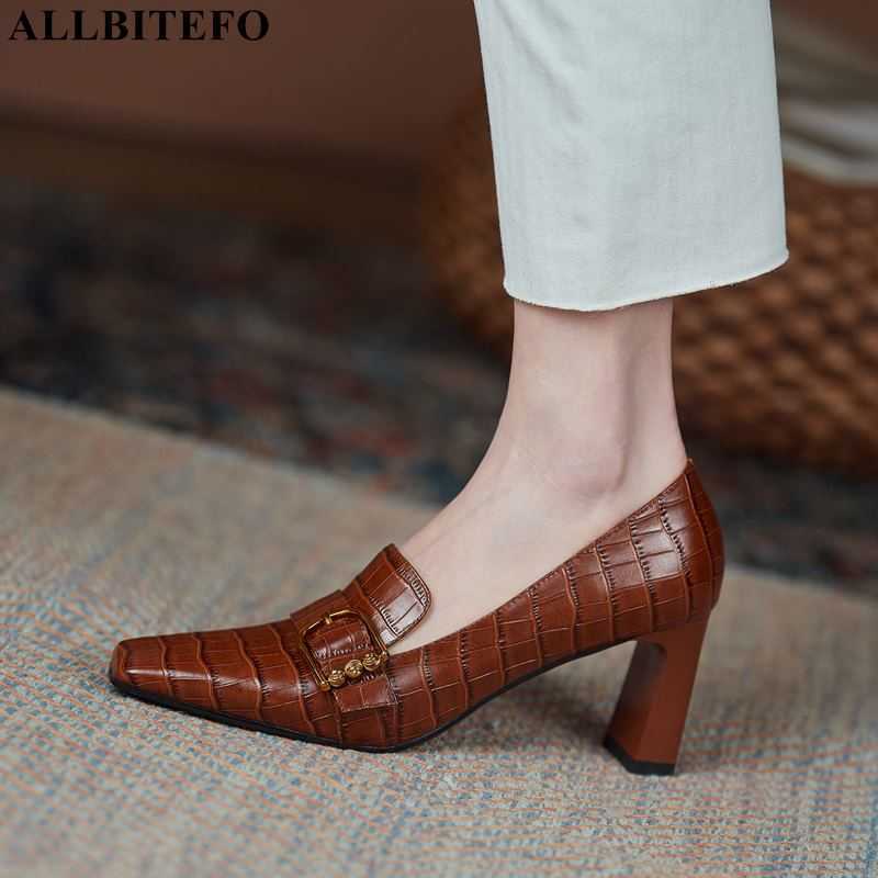 

ALLBITEFO thick heel natural genuine leather women pumps fashion leisure square toe women heels high heel shoes basic shoes 210611, As picture