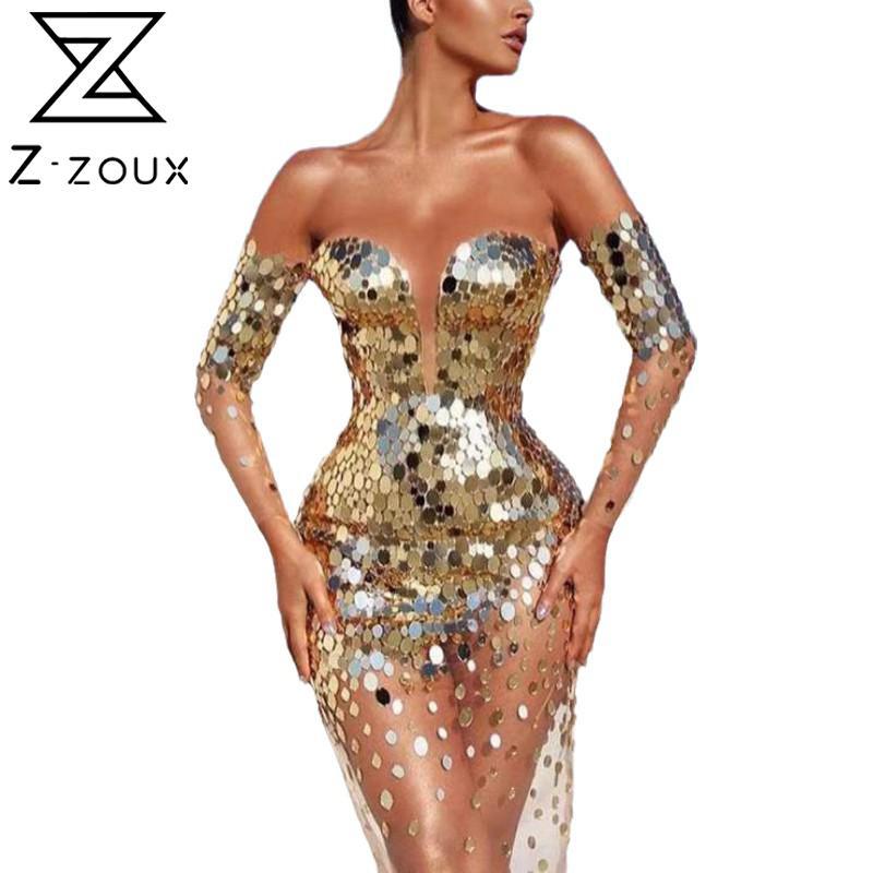 

Women Dress Sequined Slash Neck Off Shoulder Evening Party es High Waist Slim Sexy es Plus Size Long 210524, Gold