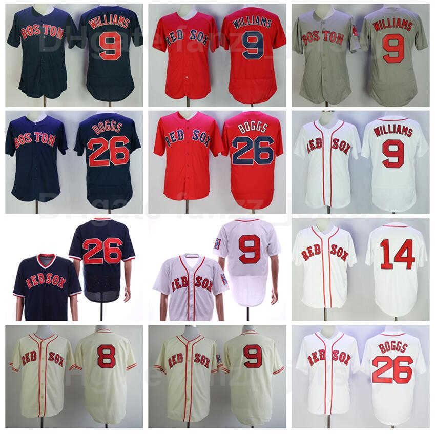 Men Baseball 26 Wade Boggs Vintage Jersey 9 Ted Williams 14 Jim Rice Retire All Stitched Navy Blue White Red Grey Beige Team Color Flexbase Cool