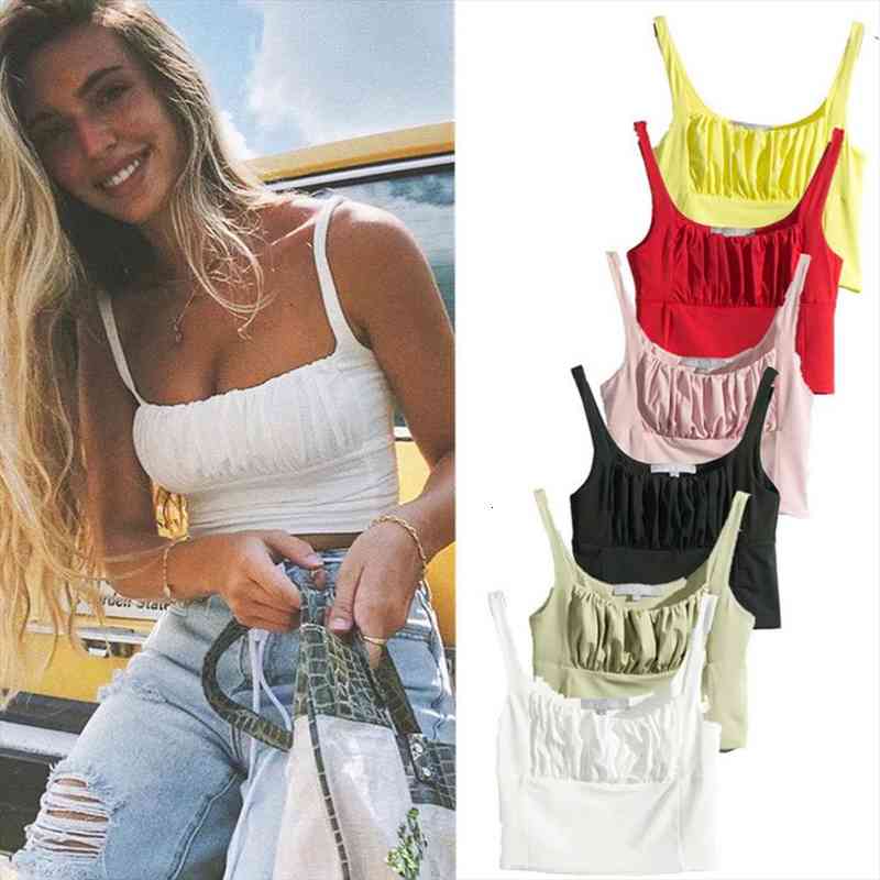 

spring summer streetwear fashion ruched short vest camisole women retro square collar female crop gothic camis, White