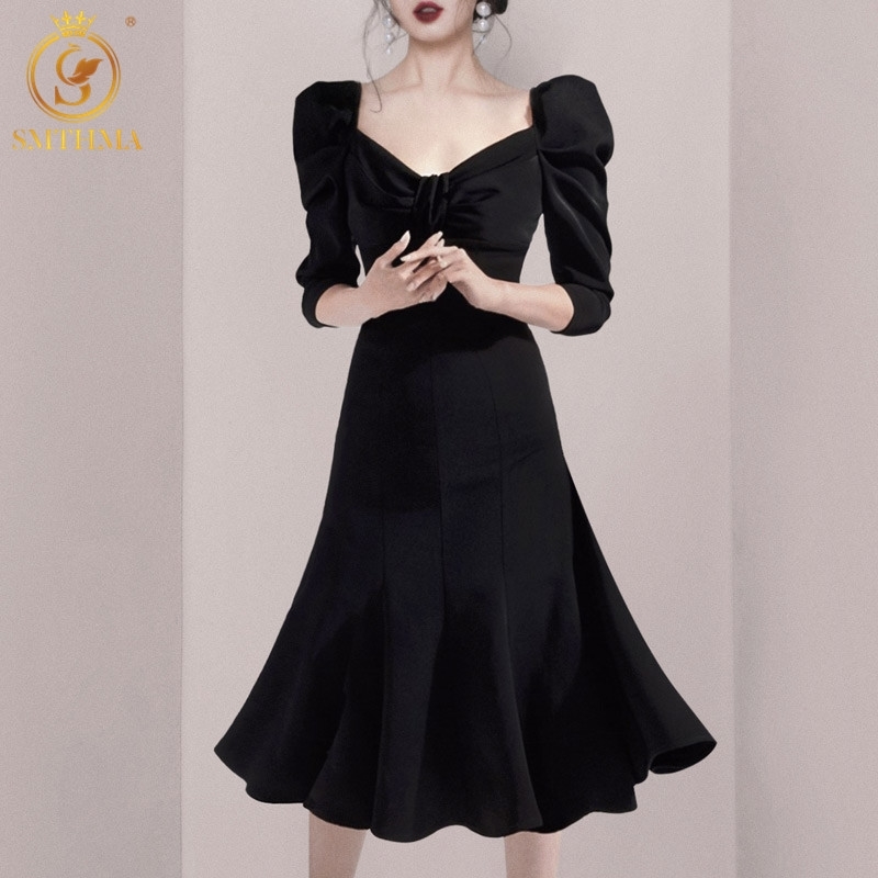 

Spring Sexy V Neck Vintage Puff Sleeve Black Dress Women Temperament Elegant Trumpet Mermaid Vestidos 210520, Photo color