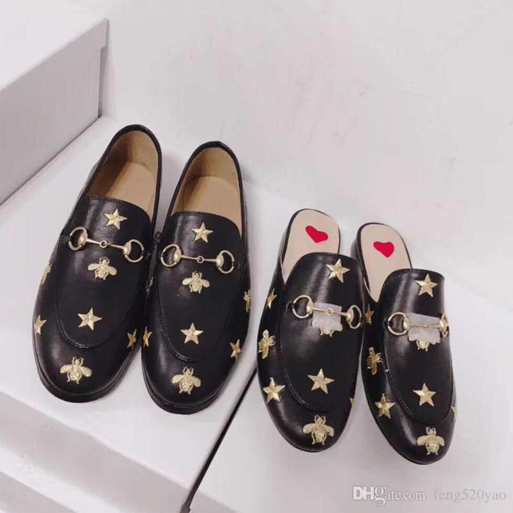 

Classic Bee slippers Fashion Designer luxury woman Shoes Embroidery Authentic cowhide flat shoes men women Flat-heeled boat shoes Size 42 46, Black