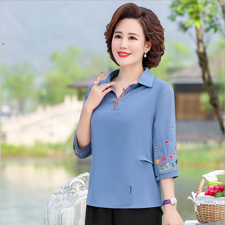 

Women's Blouses & Shirts Women Shirt Summer Tops 2021 Middle Age Mother Pullover Three Quarter Sleeve Turn-Down Collar Blouse, Blue hx