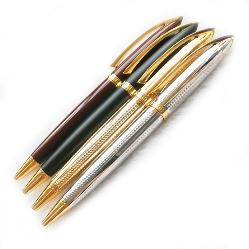 

PURE PEARL High Quality Classic Ballpoint Pen Silver Streamlining Pointed cover long thin ripple barrel Writing smooth Luxury stationery+Gift Refills & Plush Pouch, Golden / silver