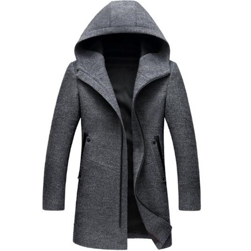 

Men's Trench Coats Winter Long Hooded Coat Men 2021 Casual Wool Hoodie Zipper Slim Fit Mens Windbreaker Pea, Black