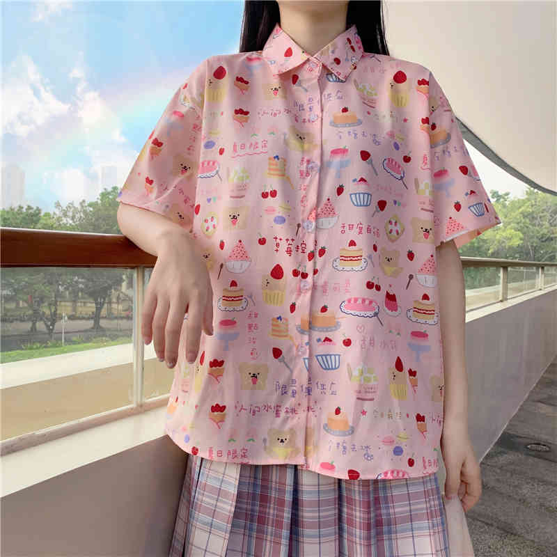 

Kawaii Strawberry Cake Print Short Sleeve Shirts Girly Cute Tops Camisas Mujer Japanese Summer Women Sweet Lolita Pink Blouses 210517