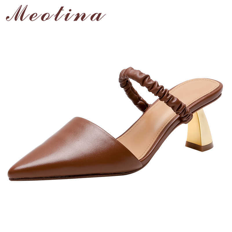 

Meotina Women Pumps Pleated Genuine Leather High Heels Mules Shoes Pointed Toe Strange Style Footwear Lady Summer Brown Size 40 210608, White
