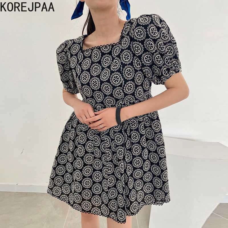 

Korejpaa Women Dress Summer Korean Retro Temperament Lace Stitching Square Collar Heavy Embroidery Puff Sleeve Vestidos 210526, Black