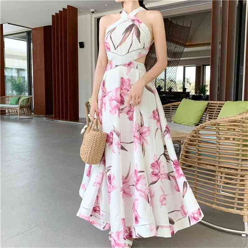 

High Quality Summer Halter BOHO Dress Sleeveless Off Shoulder Maxi Long Evening Party Floral Print Beach Sundress 210603, Picture color